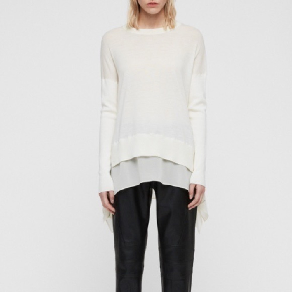 AllSaints cream Merino Wool Layered Mixed Media Handkerchief Hem Sweater XS